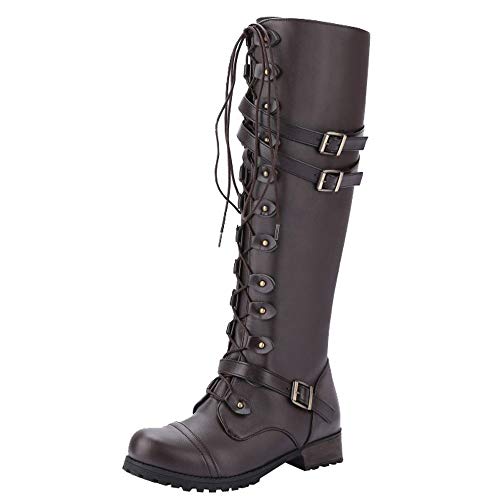 Damen Kniehohe Kampfstiefel, schwarzes Leder, Schnürung mit Schnallenriemen, Gothic, Retro, Punk-Stiefel, kurze Gummistiefel, braun, 38 EU von Generisch