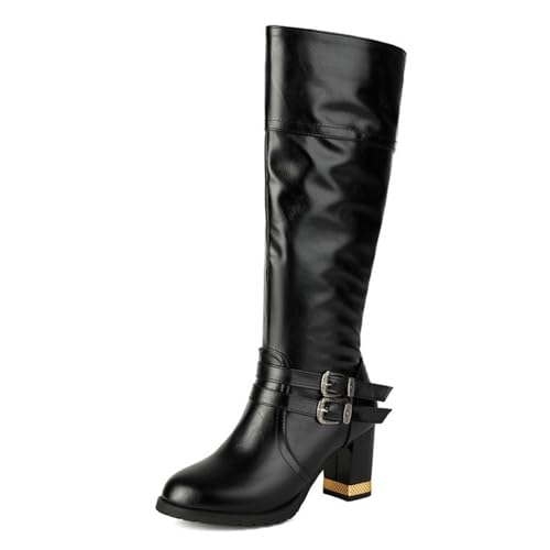 Damen Kniehohe Reitstiefel Komfort Chunky Blockabsatz Reißverschluss Warm Winterschuhe mit Kunstfell Gefüttert, Schwarz , 37 EU von Generisch