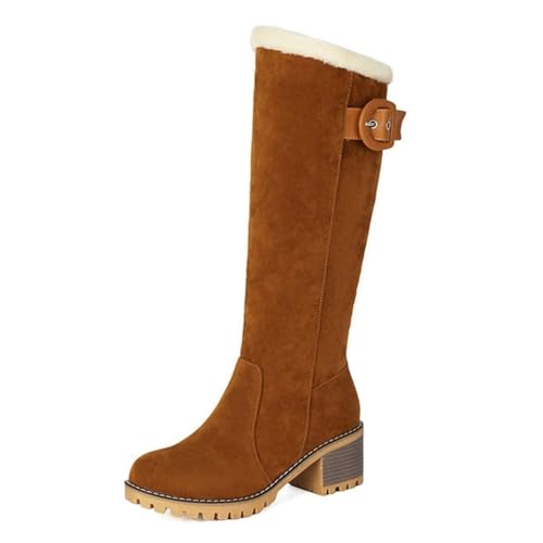 Damen Kniehohe Schneestiefel Kunstfell Gefüttert Komfort Runde Zehen Blockabsatz Warme Winterschuhe, camel, 39.5 EU von Generisch