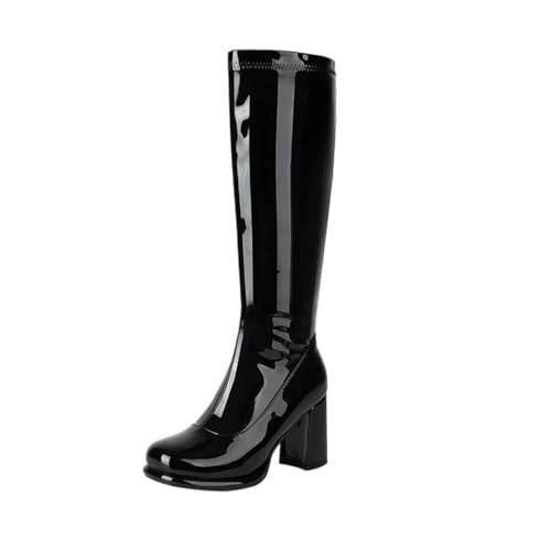 Damen Kniehohe Stiefel Lackleder Chunky High Heels Runde Zehen Lange Stiefel Bequeme Kleid Schuhe Party Schuhe, Schwarz , 41 EU von Generisch