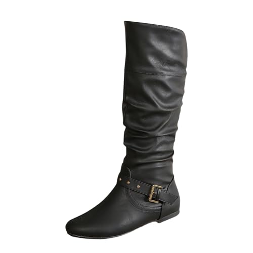 Damen Knielange Stiefel modische Boots mit Gürtelschnalle vielseitige Verwendung komfortable Passform zugleich elegant lässig (Black, 40) von Generisch