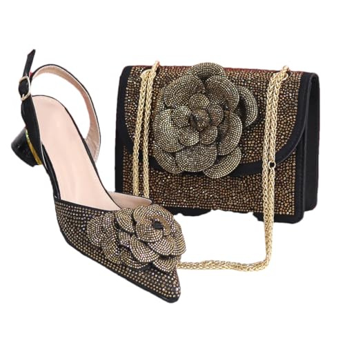 Damen Knoten Bequeme Absatzschuhe und Tasche Set mit Strass Verzierung und Slip-On Design Schwarz, Schwarz , 40 EU von Generisch