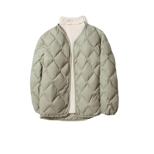 Damen Kragenlose leichte Daunenjacke Liner Rhomboid V-Ausschnitt Loose Slim White Duck Short Jacket, Peg Green, L von Generisch