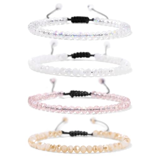 Damen Kristall Perlen Armband, Mehrschichtiges Steine Armband Boho Kristall Stein Perlen Armbänder Modeschmuck Geschenke für Frauen Mädchen (Weiß-Rosa-Verstellbar) von Generisch