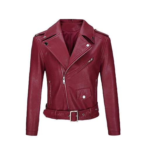 Damen Kunstledermantel Herbst Winter Revers Moto Biker Jacke Punk Oberbekleidung mit Gürtel, Weinrot, 48 von Generisch