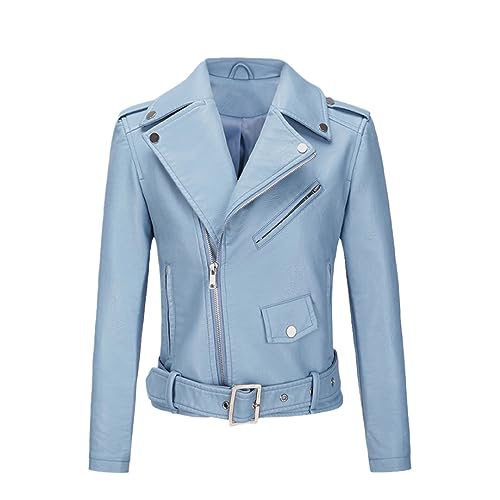 Damen Kunstledermantel Herbst Winter Revers Moto Biker Jacke Punk Oberbekleidung mit Gürtel, hellblau, 42 von Generisch