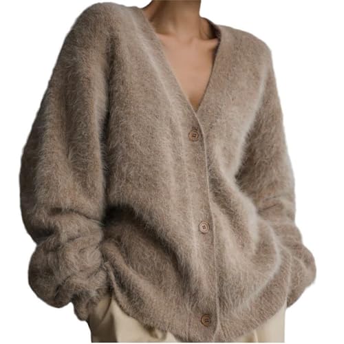 Damen Kunstpelz Cardigan Knopf Pullover V-Ausschnitt Langarm Oversized Slouchy Furry Sweater Mantel Damen Top, khaki, 42 von Generisch