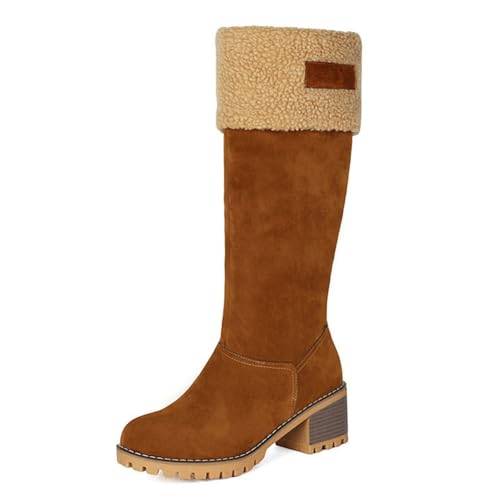 Damen Kunstpelz Gefüttert Warm Winter Kniehohe Schneestiefel Runde Zehen Chunky Plateau Casual Vielseitige Schuhe mit Reißverschluss, camel, 37EU von Generisch
