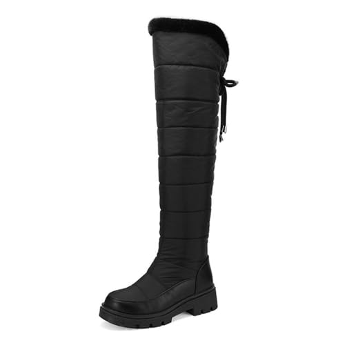 Damen Kunstpelz gefüttert Overknee Oberschenkelhohe Schneestiefel Runde Zehe Plateau Pull On Wide Calf Warm Winterschuhe, Schwarz , 37.5 EU von Generisch