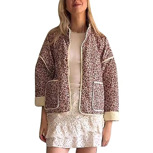 Damen-Kurz-Patchwork-Baumwolljacke Mit Rundhalsausschnitt Tiefer Schulterpartie Blumen-Baumwolljacke Einfarbig Damenmantel Windjacke Damen Softshell Funktions Outdoor Regen Jacke Freizeitjacke von Generisch