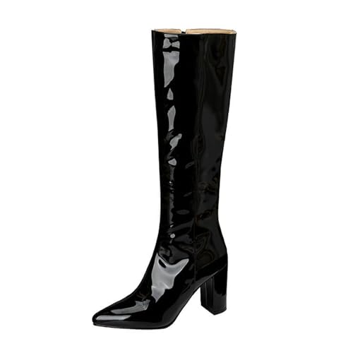 Damen Lack-PU-Leder kniehohe Stiefel spitze Zehen Chunky Heels Reißverschluss Winterschuhe mit Fell gefüttert, Schwarz , 35 EU von Generisch