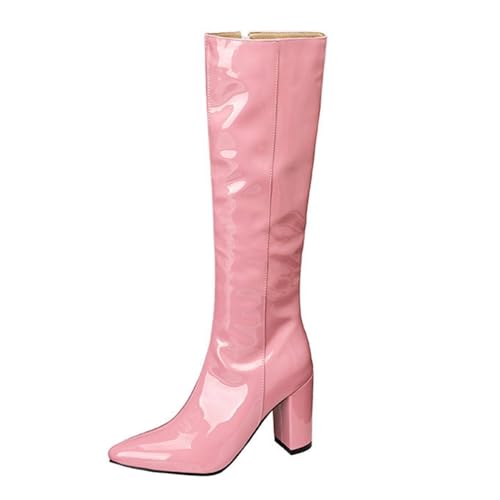 Damen Lack-PU-Leder kniehohe Stiefel spitze Zehen Chunky Heels Reißverschluss Winterschuhe mit Fell gefüttert, rose, 40 EU von Generisch
