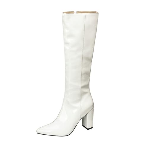 Damen Lack-PU-Leder kniehohe Stiefel spitze Zehen Chunky Heels Reißverschluss Winterschuhe mit Fell gefüttert, weiß, 36 EU von Generisch