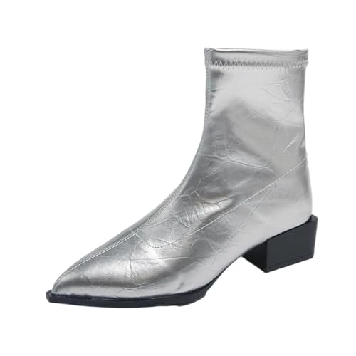 Damen Lackleder Stiefeletten Winter Warm Kariert Absatz 3,5 cm Moderne Freizeitschuhe, silber, 38 EU von Generisch