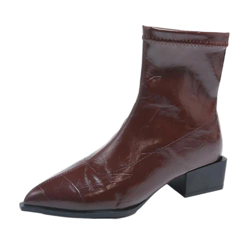 Damen Lackleder Stiefeletten Winter Warm Kariert Absatz 3,5 cm Moderne Freizeitschuhe, weinrot, 41.5 EU von Generisch