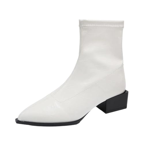 Damen Lackleder Stiefeletten Winter Warm Kariert Absatz 3,5 cm Moderne Freizeitschuhe, weiß, 40.5 EU von Generisch
