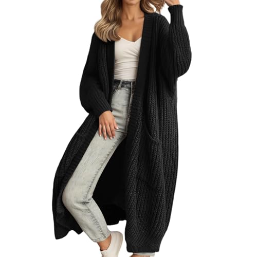 Damen Lang Oversize Grobstrickjacke Dicke Strickjacke Grobstrick Cardigan Offene Strickmantel Jacke Weiche Lange Strickjacke mit Taschen Winter Cardigan Pullover, Schwarz , XL von Generisch