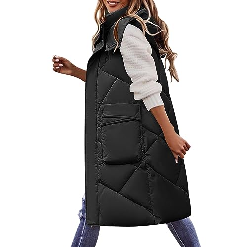 Damen Lang Weste Solide Elegant Daunenweste Reißverschluss Ärmellose Tasche Kapuzenweste Longweste Casual Streetwear Winterjacke Übergangsweste Outdoor Warm Steppweste Mantel von Generisch