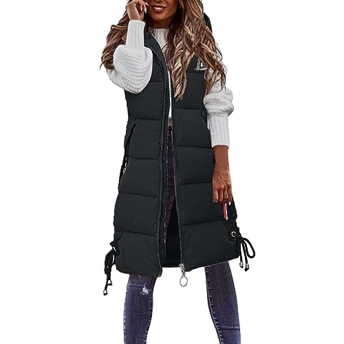 Damen Lang Weste Steppweste Damen Lang Winter Daunenweste Warmer Daunenmantel Frauen Softshelljacke Mit Kapuze Leicht Ärmellos Jacke mit Reissverschluss Taschen Wintermantel Winterjacke M-3XL von Generisch