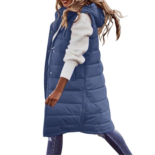 Damen Lang Weste Steppweste Winter Daunenweste Übergangsweste Warmer Daunenmantel Hooded Frauen Softshelljacke Mit Kapuze Leicht Ärmellos Jacke mit Reissverschluss Taschen Wintermantel Winterjacke von Generisch