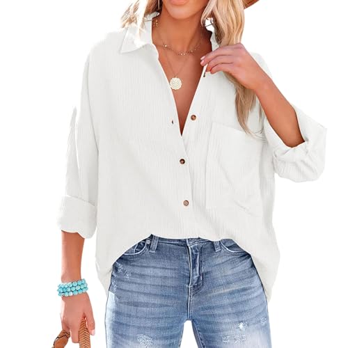 Damen Langärmel Bluse Hemdbluse Elegant V-Ausschnitt Lässiges Baumwolle Tops Bikini Cover Up Basic Herbsthemd (DE/NL/SE/PL, Alphanumerisch, XL, Regular, Regular, Weiß) von Generisch