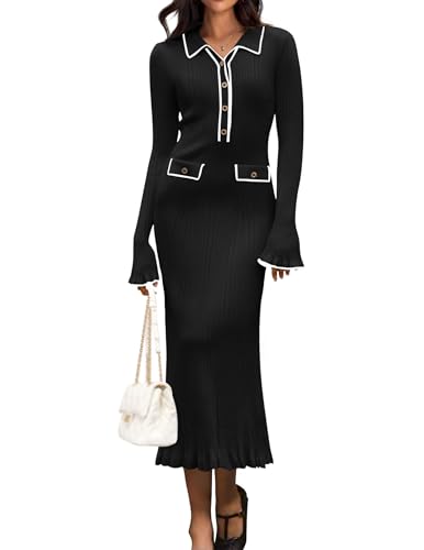 Damen Langarm Bodycon Pulloverkleid Patchwork Rüschen Strick Gerippte Knopf V-Ausschnitt Pulloverkleid Hohe Taille, Schwarz-lang, S Damen Langarm Bodycon Pulloverkleid Patchwork Rüschen Strick Gerippte Knopf V-Ausschnitt Pulloverkleid Hohe Taille, Schwarz-lang, S von Generisch