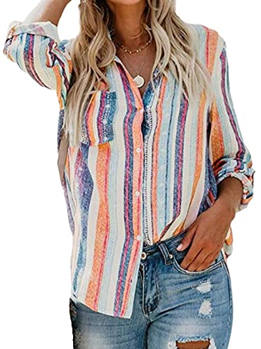 Damen Langarm Hemd Gestreift Gedruckt Bluse Lässig Button Down Hemd Locker Passform Top Orange 5XL von Generisch