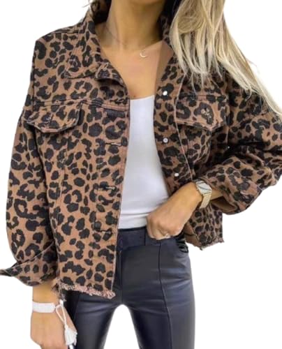 Damen Langarm Kurz Leopard Print Jeansjacke Frauen Casual Leopard Print Jeansjacke Langarm Kurz, leopard, XL von Generisch
