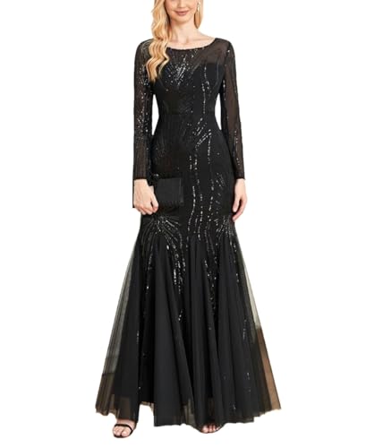 Damen Langarm Pailletten Tüll Abendkleid Meerjungfrau Kleid formelle Brautjungfer Party Abschlussball Kleid, Schwarz , XX-Large von Generisch