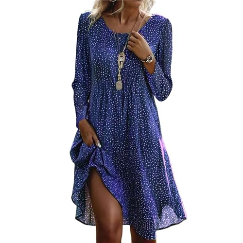 Damen Langarm Strandkleid V-Ausschnitt Herbst Winter Freizeitkleider Blusenkleid Elegant Boho Blumen Midikleid Tunika Faltenkleid Locker Swing Kleider 1#Dunkelblau XXL von Generisch
