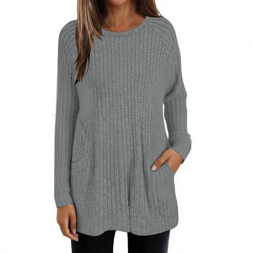 Damen Langarm Strickpullover Elegant Long Pullover mit Taschen Rundhalsausschnitt Tunika Leichter Warme Sweater Casual lockere Oberteile Einfarbiger Autumn Winter Langarmshirts (Dark Gray, L) von Generisch