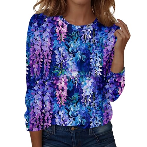 Damen Langarm T-Shirts Tunika Oberteile Bedruckte Bluse Elegant Lässige Hemd Langarmshirts für Damen Rundhals mit Blumen Motiv Tunika Große Größen Bluse Pullover Top Lässig Shirts von Generisch