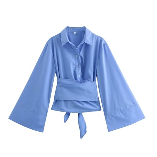 Damen-Langarmhemd mit Knopfleiste und Revers und doppelter Popeline zum Schnüren Dirndl Gelb (Blue, M) von Generisch