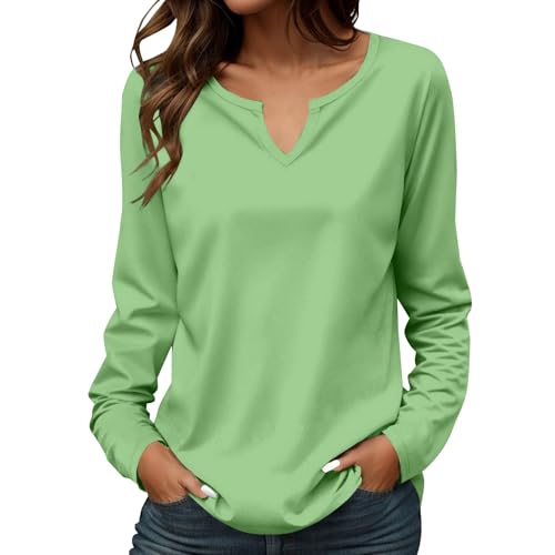 Damen Langarmshirt Bequeme Lässig Elegant Oberteile V-Ausschnitt Langarm Pullover Baumwolle Slim Fit T-Shirt Stretch Casual Basic Top Hemdshirt Basic Hemdbluse Locker Blusen (AA-Khaki, M) von Generisch