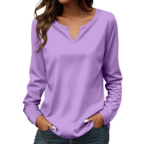 Damen Langarmshirt Bequeme Lässig Elegant Oberteile V-Ausschnitt Langarm Pullover Baumwolle Slim Fit T-Shirt Stretch Casual Basic Top Hemdshirt Basic Hemdbluse Locker Blusen (AA-Purple, M) von Generisch