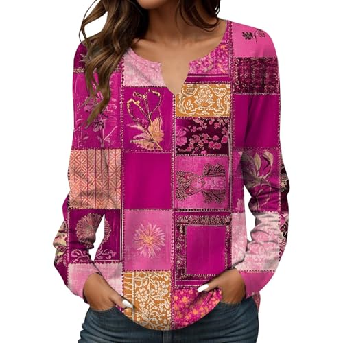 Damen Langarmshirt Bequeme Lässig Elegant Oberteile V-Ausschnitt Langarm Pullover Baumwolle Slim Fit T-Shirt Stretch Casual Basic Top Hemdshirt Basic Hemdbluse Locker Blusen (AC-Hot Pink, M) von Generisch