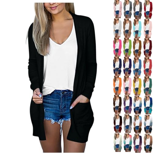 Damen Lange Ärmel Gestrickt Strickjacke Leicht Gemütlich Offene Vorderseite Lange Freizeitjacke mit Taschen Lang Dünne Jacke Langarm Leichter Cardigan Elegante Schulterjacke Casual Top von Generisch