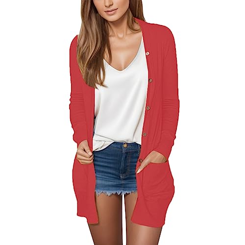 Damen Lange Ärmel Gestrickt Strickjacke Leicht Gemütlich Offene Vorderseite Lange Freizeitjacke mit Taschen Lang Dünne Jacke Langarm Leichter Cardigan Elegante Schulterjacke Casual Top von Generisch