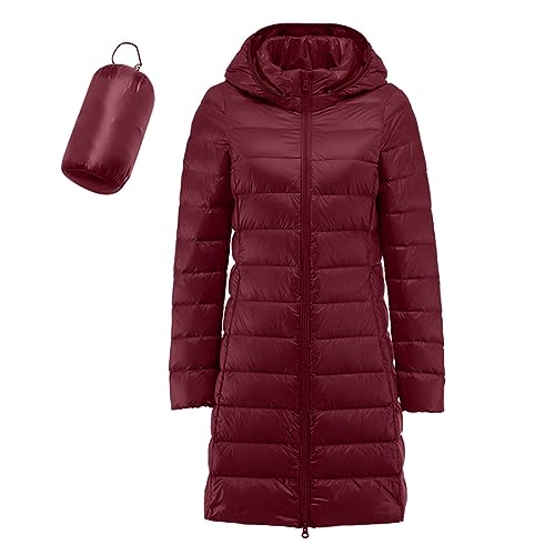 Damen Lange Daunenjacken Steppjacke Leichte Packbare Übergangsjacke Warme Winterjacke mit Kapuze Gefüttert Pufferjacke mit Taschen für Freizeit Wandern Reisen Einfarbig Mäntel Slim Fit Jacken von Generisch
