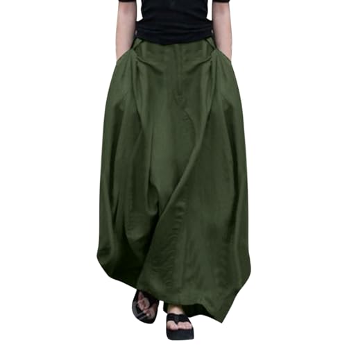 Damen Langer Rock Baumwolle Leinenrock A-Line Maxirock Weit Schwingend Leichte Sommerrock Hochtailliert Freizeitrock mit Taschen Sommer Leinen-Baumwoll Röcke Damenrock Armeegrün L von Generisch