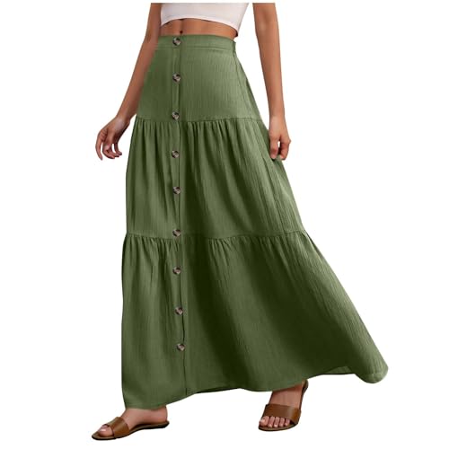 Damen Langer Rock Maxirock mit Knöpfen Elegant Lässiger Sommerrock Einfarbig Leicht Wickelrock Maxi Röcke Sommer Freizeitrock Casual Damenrock Armeegrün M von Generisch