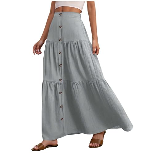 Damen Langer Rock Maxirock mit Knöpfen Elegant Lässiger Sommerrock Einfarbig Leicht Wickelrock Maxi Röcke Sommer Freizeitrock Casual Damenrock Gray M von Generisch