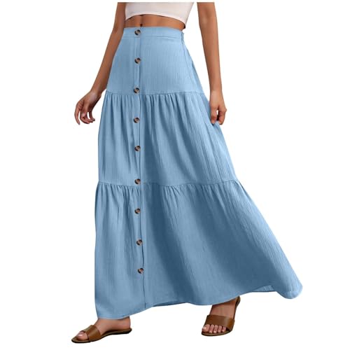 Damen Langer Rock Maxirock mit Knöpfen Elegant Lässiger Sommerrock Einfarbig Leicht Wickelrock Maxi Röcke Sommer Freizeitrock Casual Damenrock Hellblau L von Generisch