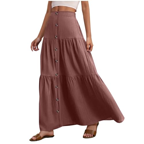 Damen Langer Rock Maxirock mit Knöpfen Elegant Lässiger Sommerrock Einfarbig Leicht Wickelrock Maxi Röcke Sommer Freizeitrock Casual Damenrock Roségold M von Generisch