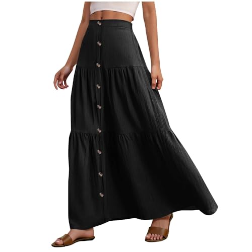 Damen Langer Rock Maxirock mit Knöpfen Elegant Lässiger Sommerrock Einfarbig Leicht Wickelrock Maxi Röcke Sommer Freizeitrock Casual Damenrock Schwarz XL von Generisch