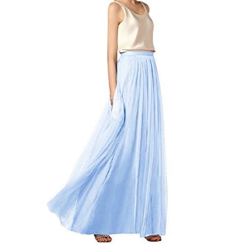 Damen Langer Tüllrock Elastisch Bund Tüll Prinzessin Bodenlang Rock Party Elegante Hochzeit Röcke Maxi Rock SkyBlue 42 von Generisch