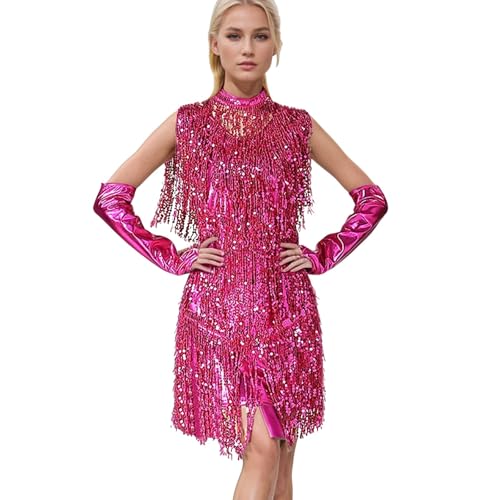 Damen Latein Tanzkleid 1920 Pailletten Abendkleider Pailletten Quasten Latein-Tanz Kleid Quaste Tanzkleid Glitzer Party Kleid V-Ausschnitt Fransen Tanzkleid Ärmellos Paillettenkleid Karneval Kostüm von Generisch