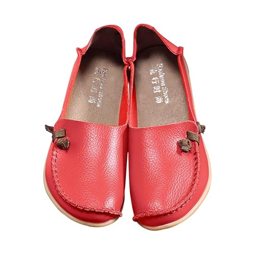 Damen Leder Bequeme Loafers Casual Runde Zehen Mokassins Fahren Flache Schuhe Weich Komfort Walking Schuhe Frauen Slip On Flache Loafer, rot, 38 EU von Generisch