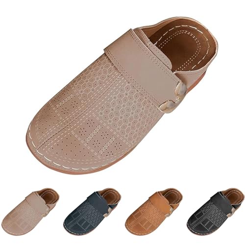 Damen-Leder-Clogs mit Keilabsatz, geschlossene Zehen, atmungsaktiv, ausgeschnitten, mit Metallschnalle, orthopädische Wanderpantoletten mit Fußgewölbeunterstützung, leichte Pantoletten für den Urlaub von Generisch