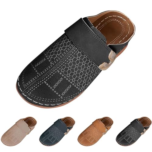 Damen-Leder-Clogs mit Keilabsatz, geschlossene Zehen, atmungsaktiv, ausgeschnitten, mit Metallschnalle, orthopädische Wanderpantoletten mit Fußgewölbeunterstützung, leichte Pantoletten für den Urlaub von Generisch
